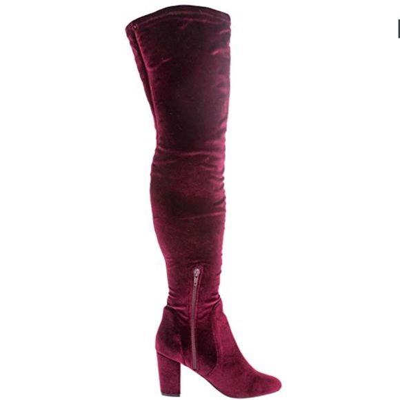 Burgundy Wine Velvet Block Heel Over The Knee Boot - Picture 3 of 5